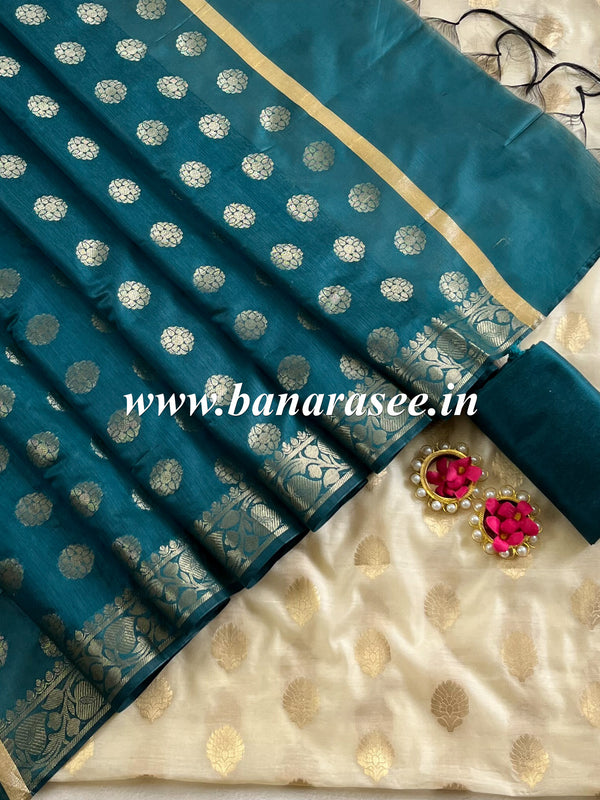Banarasee Chanderi Cotton Buta Design Salwar Kameez Fabric With Contrast Dupatta-White & Blue