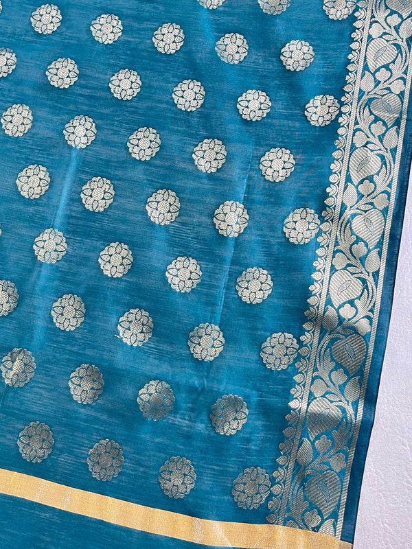 Banarasee Chanderi Cotton Buta Design Salwar Kameez Fabric With Contrast Dupatta-White & Blue