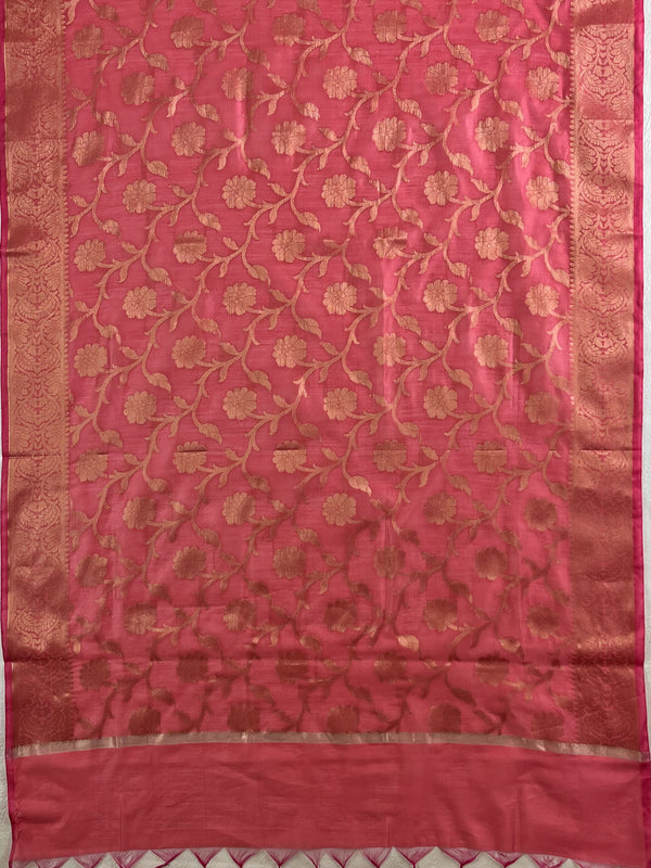 Banarasee Chanderi Cotton Buta Design Salwar Kameez Fabric With Contrast Dupatta-Green & Pink