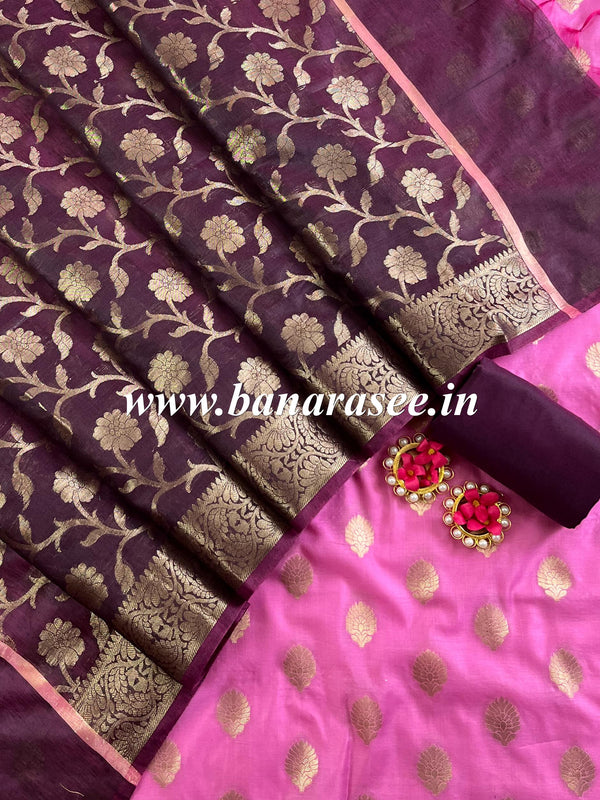 Banarasee Chanderi Cotton Buta Design Salwar Kameez Fabric With Contrast Dupatta-Lavender & Brown