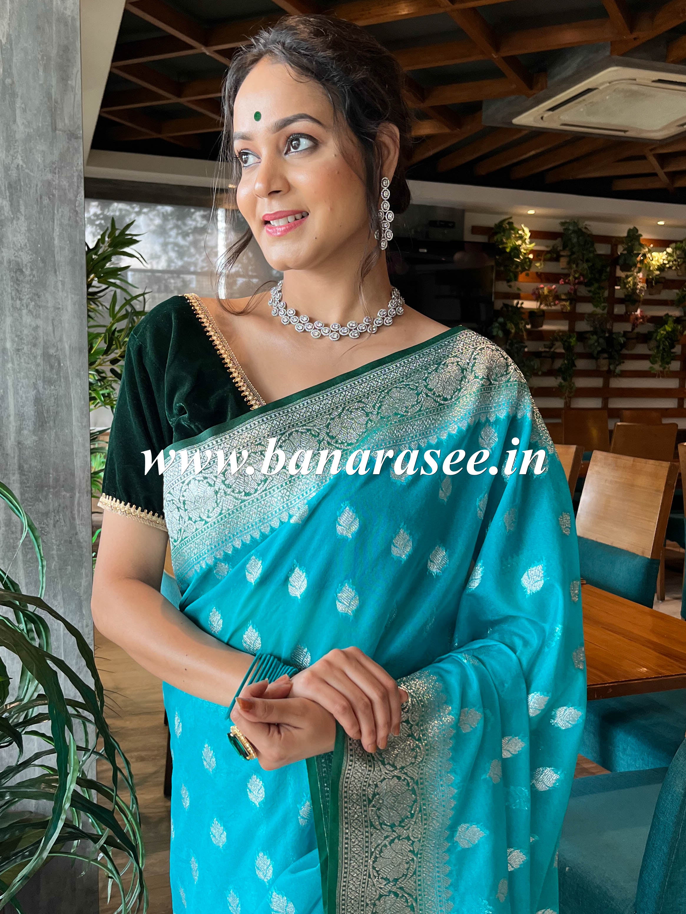 Banarasee Handwoven Faux Georgette Saree With Silver Zari Buti & Contrast Border Design-Blue