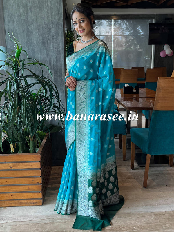 Banarasee Handwoven Faux Georgette Saree With Silver Zari Buti & Contrast Border Design-Blue
