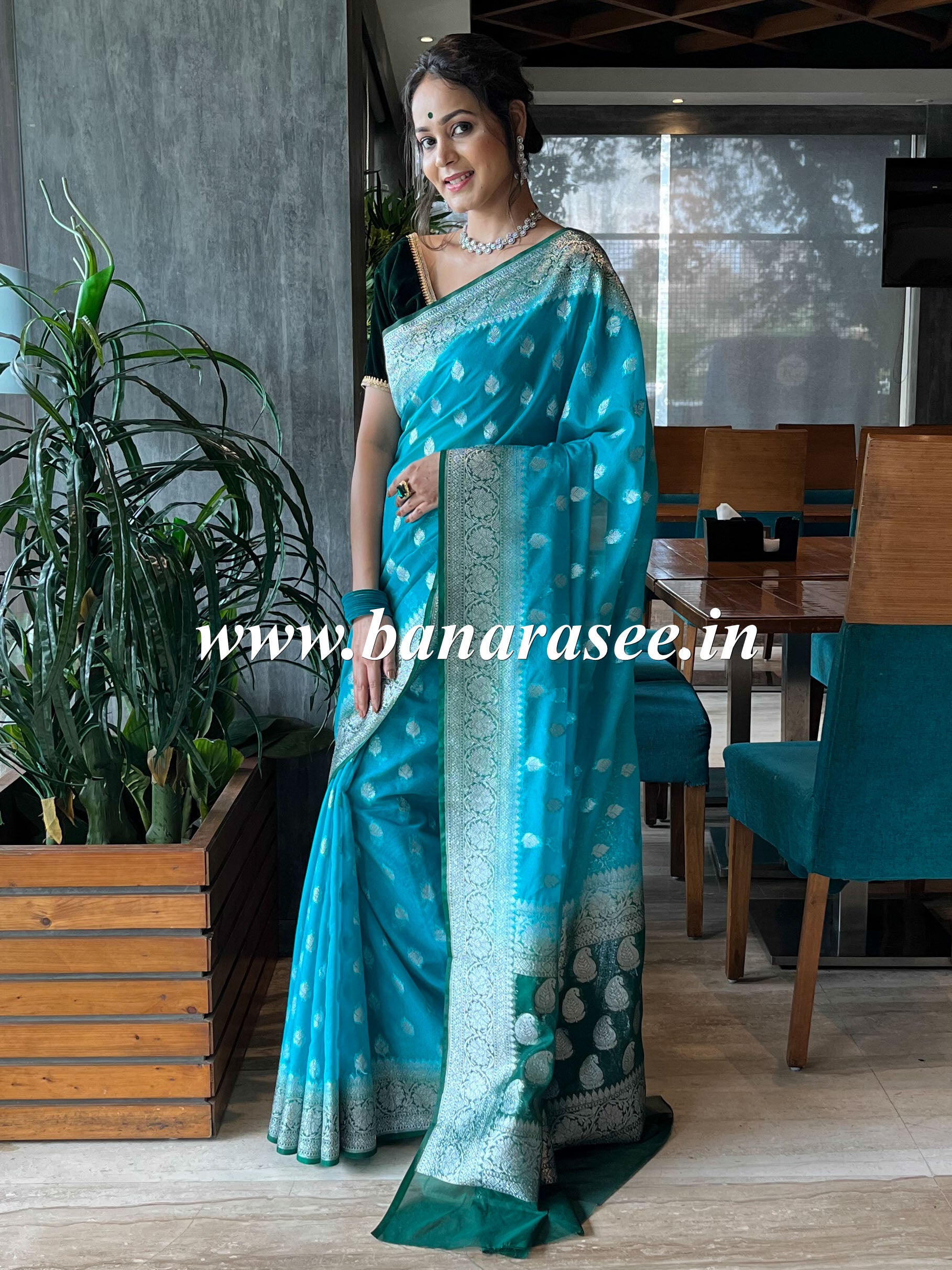 Banarasee Handwoven Faux Georgette Saree With Silver Zari Buti & Contrast Border Design-Blue