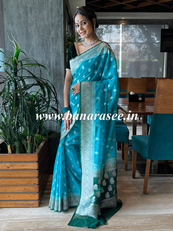 Banarasee Handwoven Faux Georgette Saree With Silver Zari Buti & Contrast Border Design-Blue