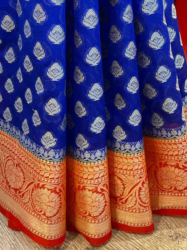 Banarasee Handwoven Semi-Chiffon Saree With Buti Design & Border-Royal Blue