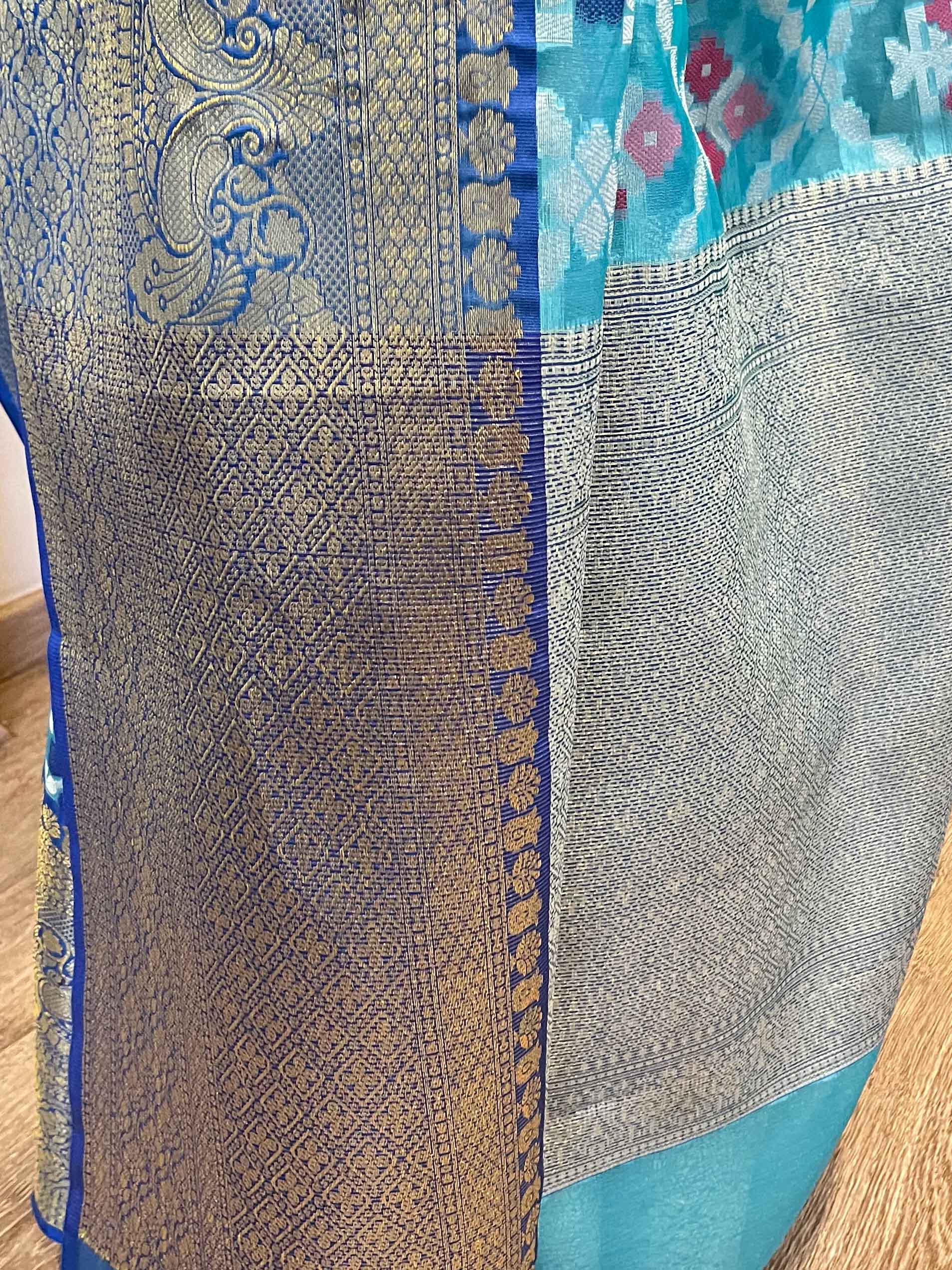Banarasee Organza Mix Saree With Resham Jaal Design & Floral Border-Light Blue