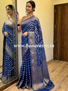 Banarasee Handwoven Semi-Chiffon Saree With Wave Design & Floral Border-Blue