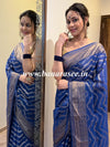 Banarasee Handwoven Semi-Chiffon Saree With Wave Design & Floral Border-Blue