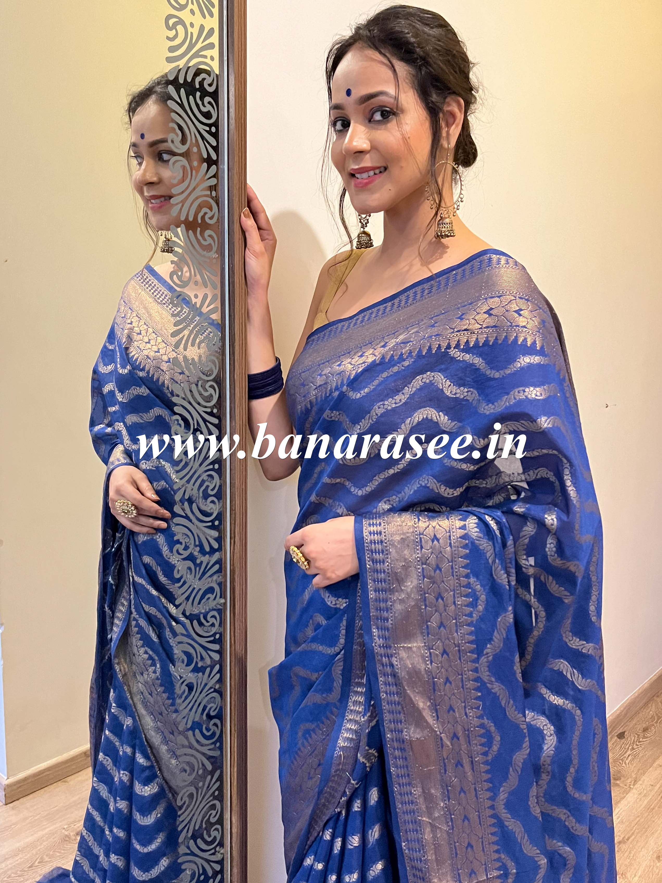 Banarasee Handwoven Semi-Chiffon Saree With Wave Design & Floral Border-Blue