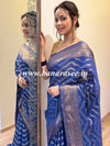 Banarasee Handwoven Semi-Chiffon Saree With Wave Design & Floral Border-Blue