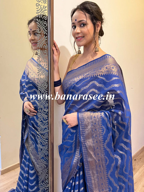 Banarasee Handwoven Semi-Chiffon Saree With Wave Design & Floral Border-Blue