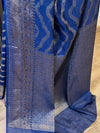 Banarasee Handwoven Semi-Chiffon Saree With Wave Design & Floral Border-Blue