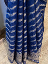 Banarasee Handwoven Semi-Chiffon Saree With Wave Design & Floral Border-Blue