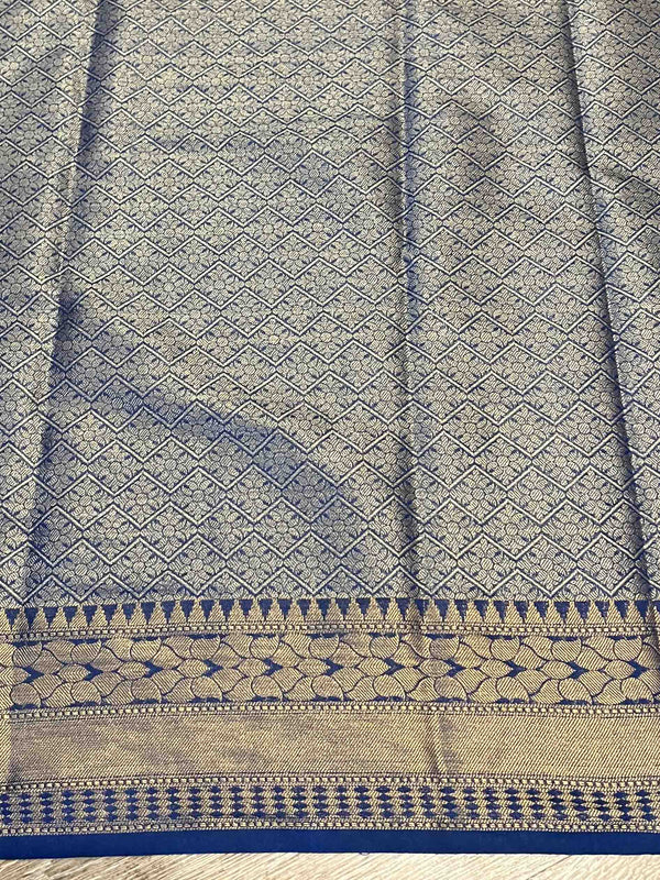 Banarasee Handwoven Semi-Chiffon Saree With Wave Design & Floral Border-Blue
