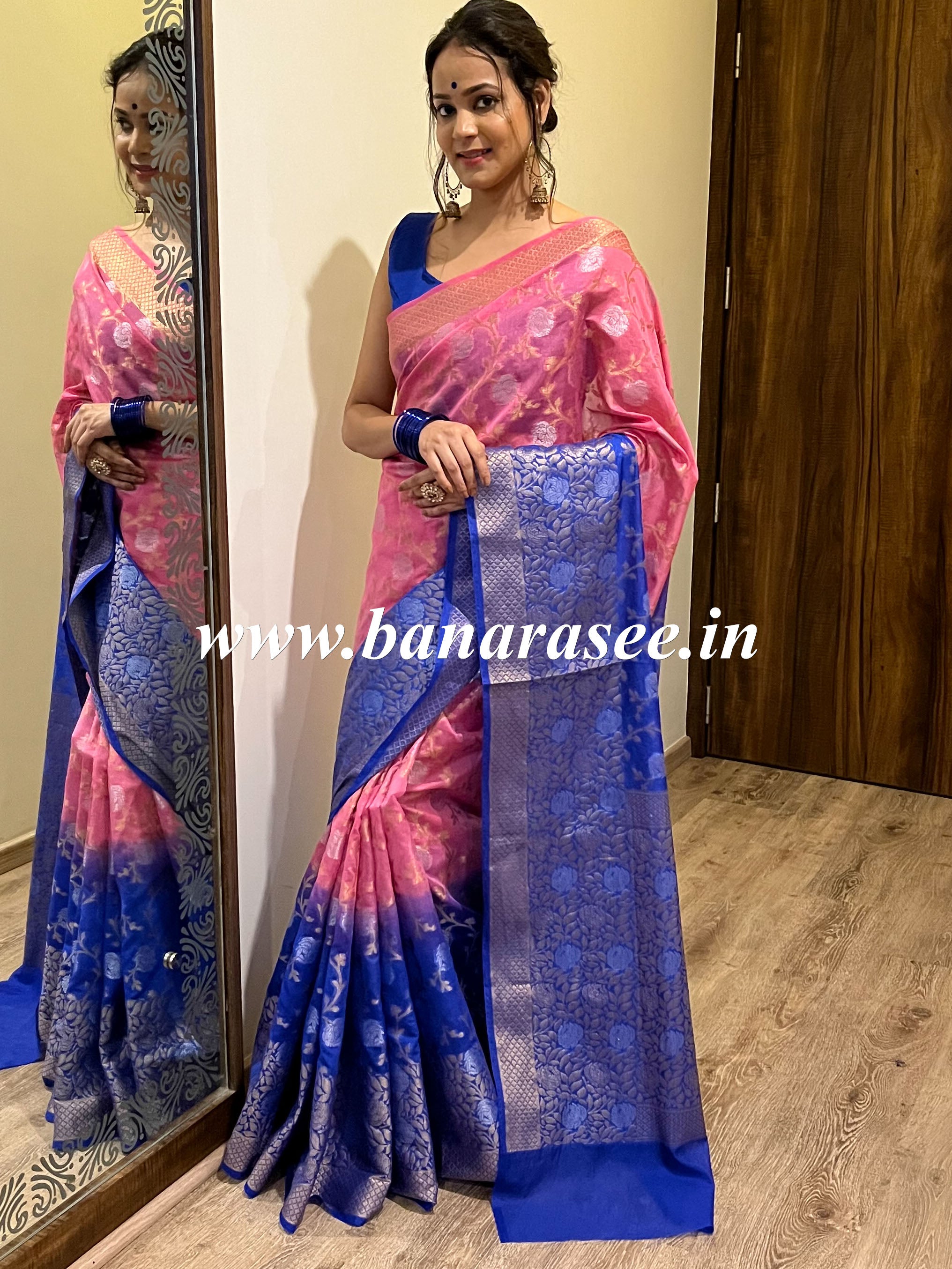Banarasee Handwoven Semi-Chiffon Saree With Silver Zari Design & Dual Color-Blue & Pink