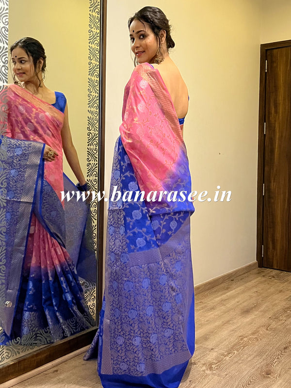 Banarasee Handwoven Semi-Chiffon Saree With Silver Zari Design & Dual Color-Blue & Pink