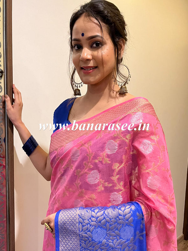 Banarasee Handwoven Semi-Chiffon Saree With Silver Zari Design & Dual Color-Blue & Pink