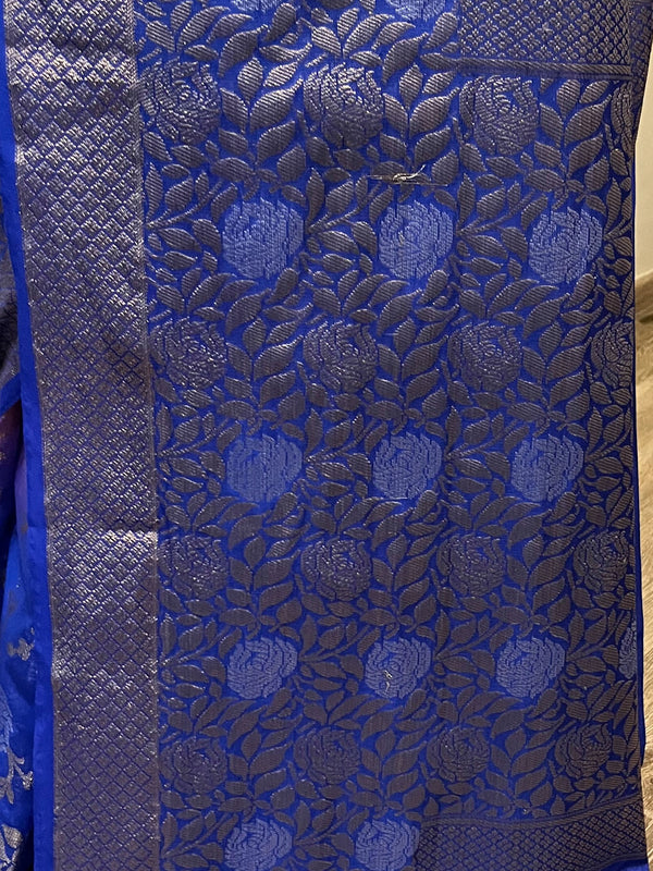 Banarasee Handwoven Semi-Chiffon Saree With Silver Zari Design & Dual Color-Blue & Pink