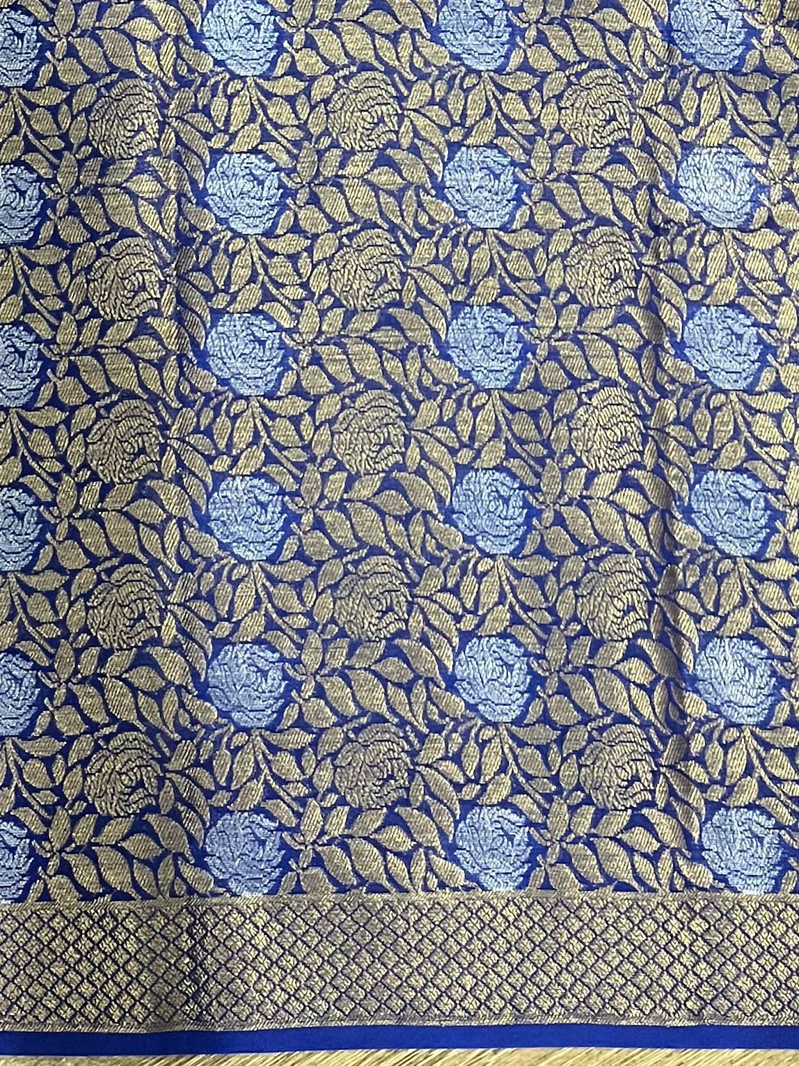 Banarasee Handwoven Semi-Chiffon Saree With Silver Zari Design & Dual Color-Blue & Pink