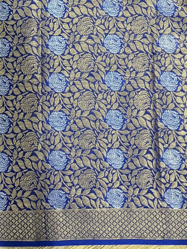 Banarasee Handwoven Semi-Chiffon Saree With Silver Zari Design & Dual Color-Blue & Pink