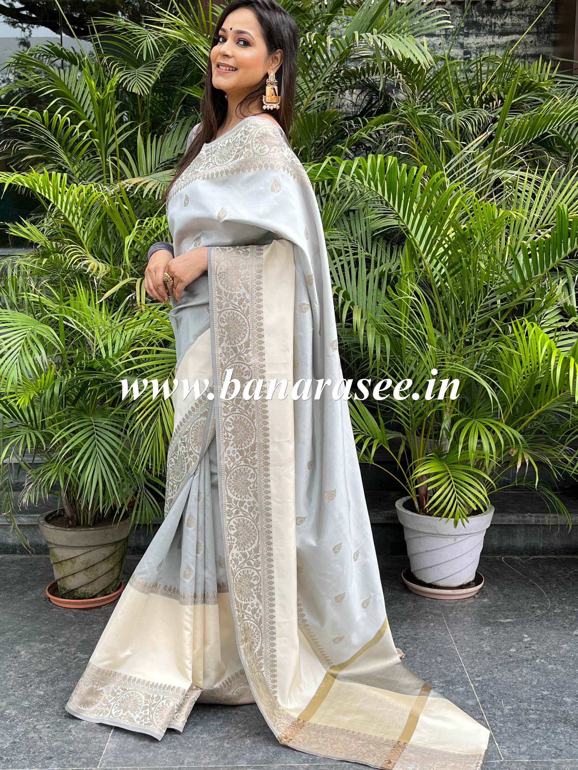 Banarasee Art Silk Saree With Zari Design & Contrast Border-Grey