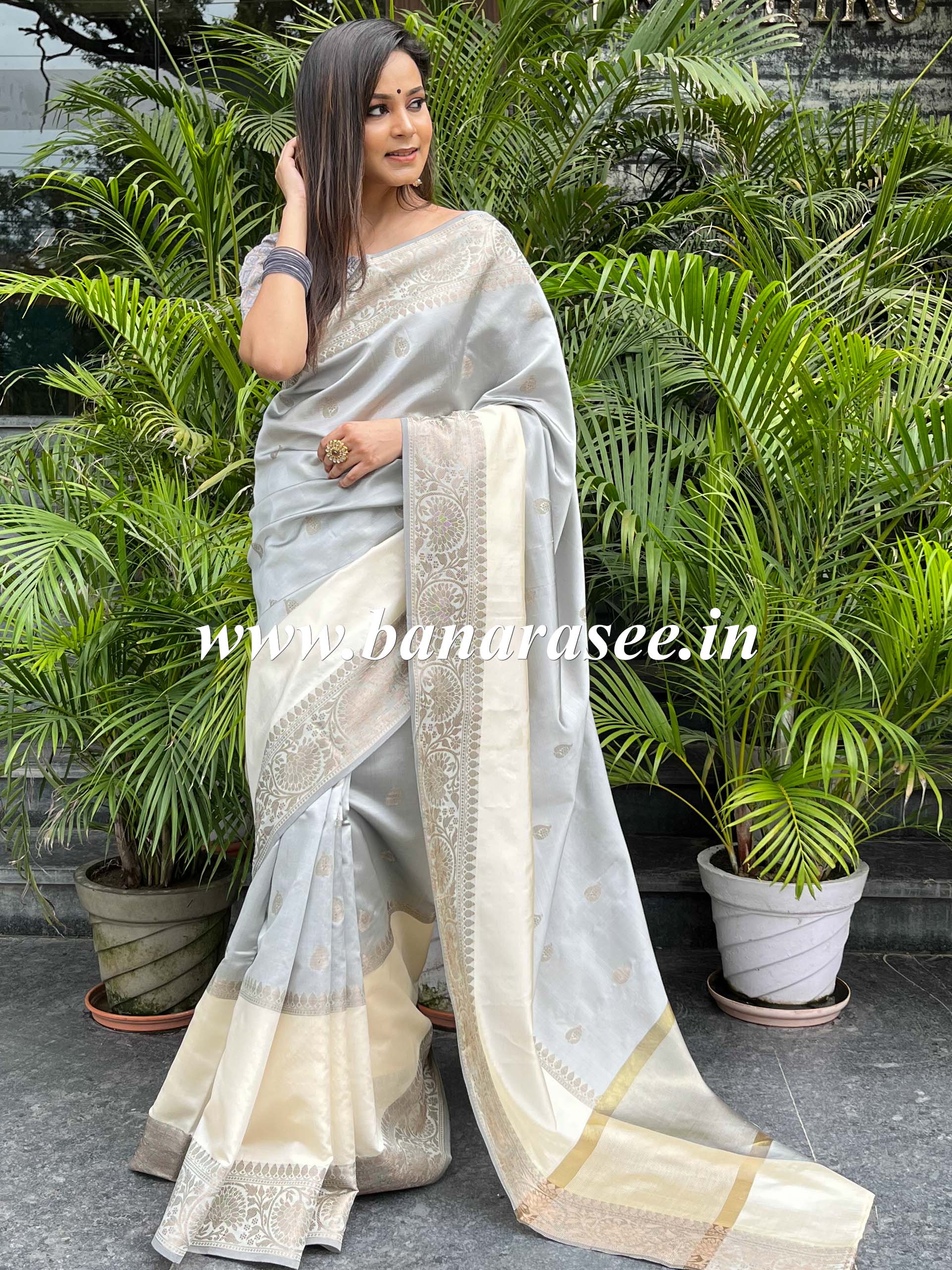 Banarasee Art Silk Saree With Zari Design & Contrast Border-Grey