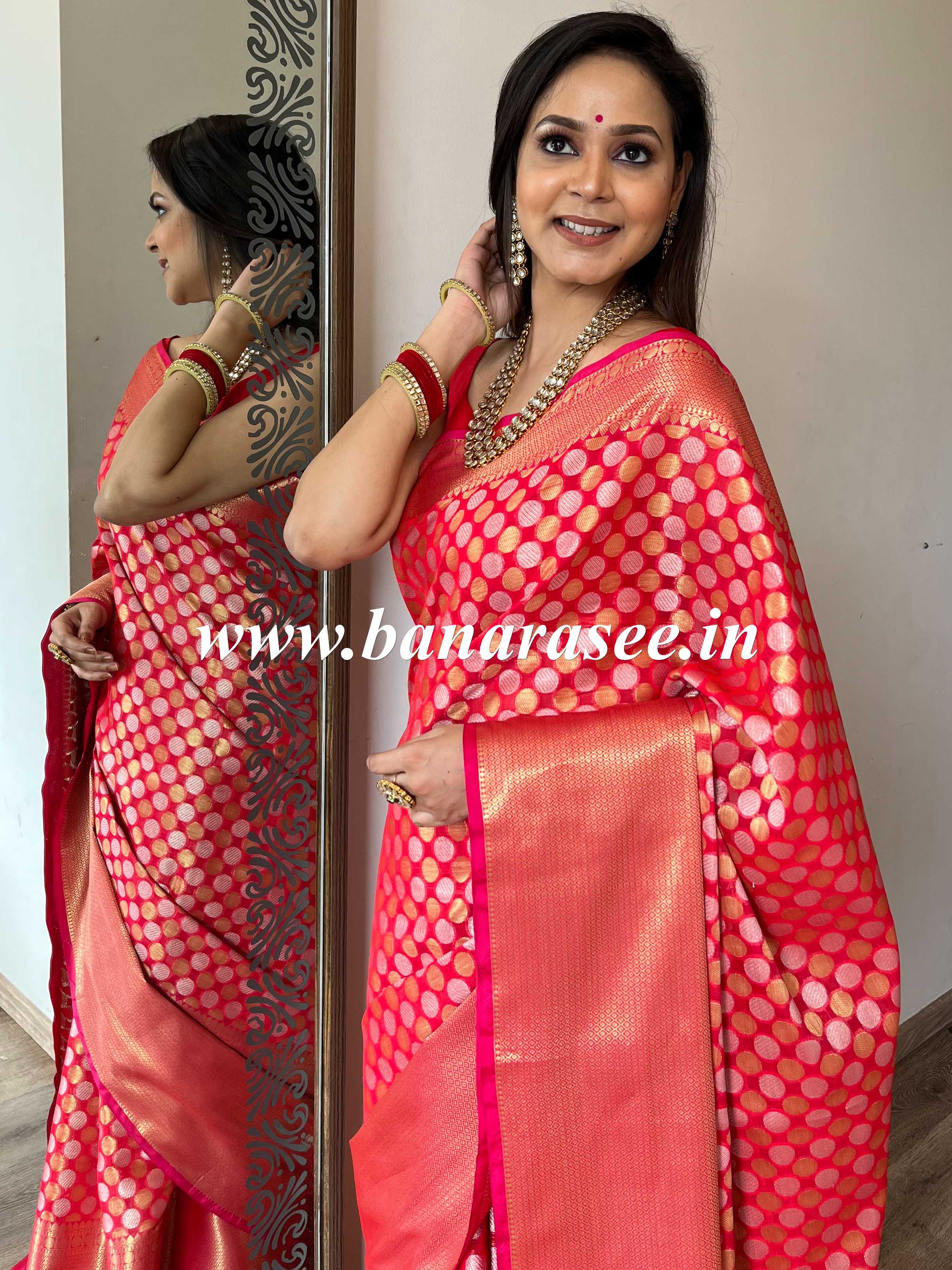 Banarasee Handwoven Semi Silk Saree With Skirt Zari Border & Sona Rupa Zari Buta-Red