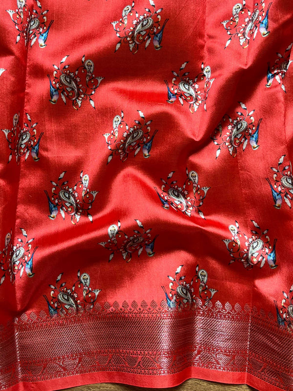 Banarasee Handwoven Semi Silk Saree With Digital Print & Broad Zari Border-Red