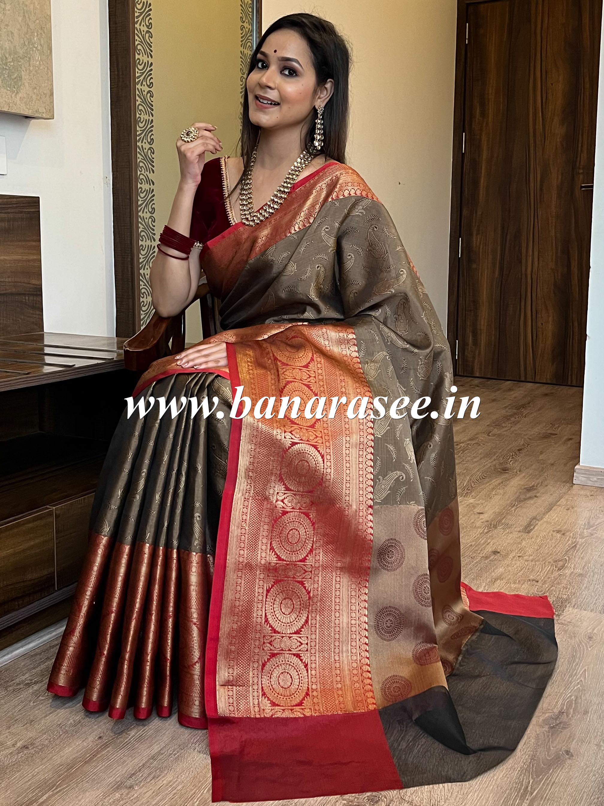 Banarasee Kora Muslin Saree With Contrast Skirt Border-Brown & Red
