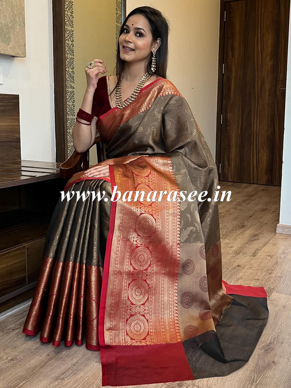 Banarasee Kora Muslin Saree With Contrast Skirt Border-Brown & Red