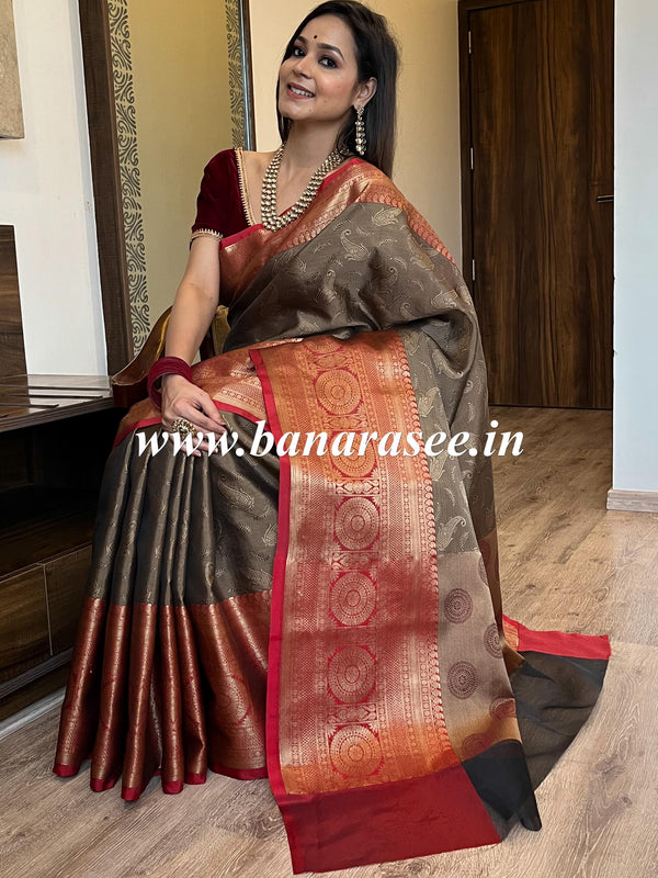 Banarasee Kora Muslin Saree With Contrast Skirt Border-Brown & Red