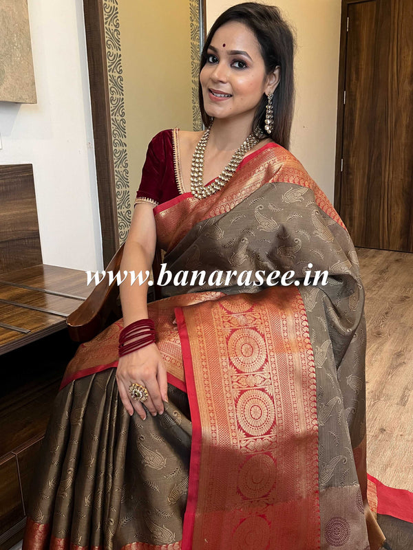 Banarasee Kora Muslin Saree With Contrast Skirt Border-Brown & Red