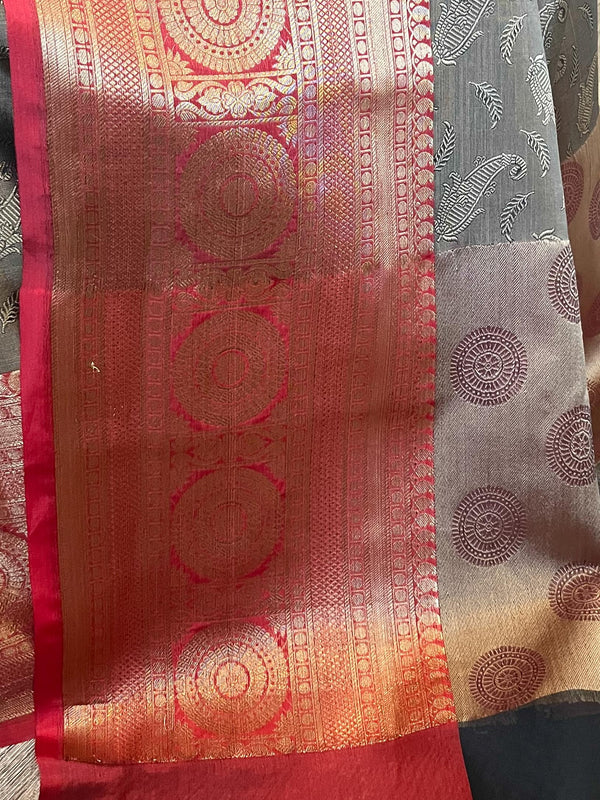 Banarasee Kora Muslin Saree With Contrast Skirt Border-Brown & Red