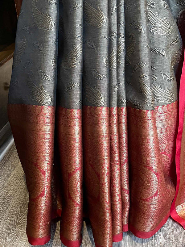 Banarasee Kora Muslin Saree With Contrast Skirt Border-Brown & Red
