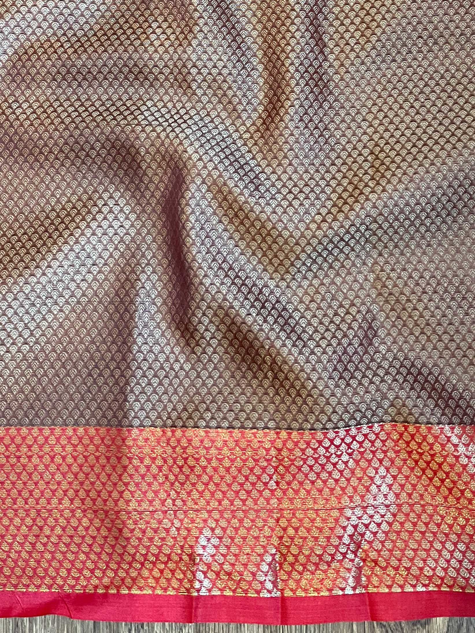 Banarasee Kora Muslin Saree With Contrast Skirt Border-Brown & Red