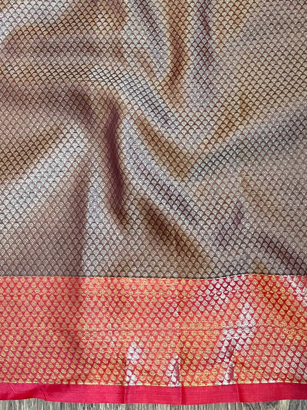 Banarasee Kora Muslin Saree With Contrast Skirt Border-Brown & Red