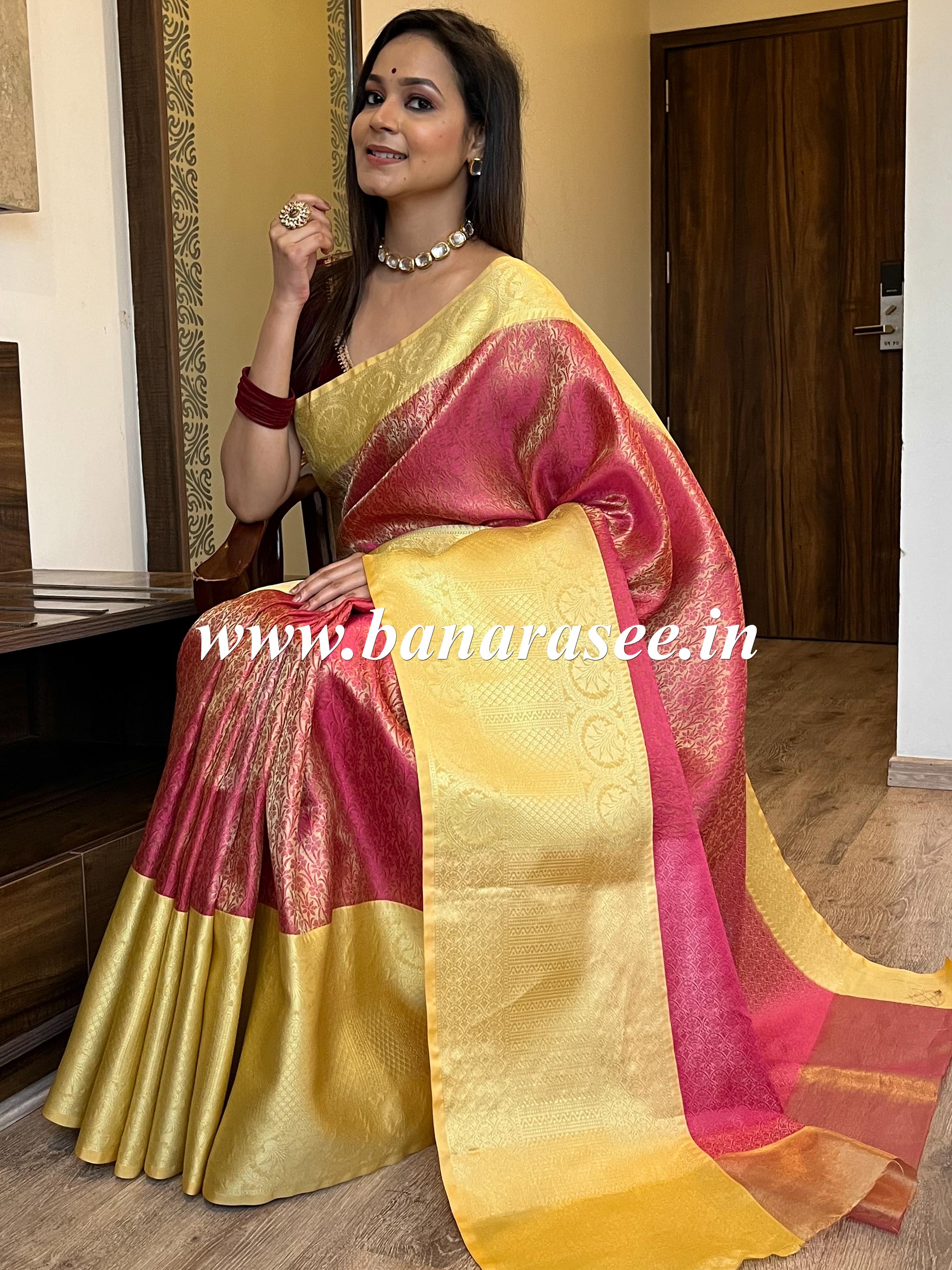 Banarasee Kora Muslin Saree With Floral Tanchoi Design & Skirt Border-Pink & Yellow