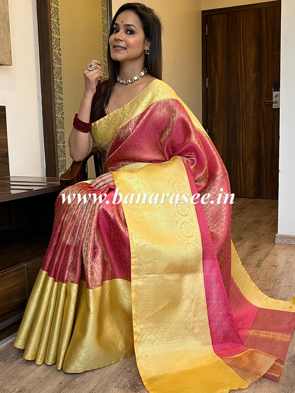 Banarasee Kora Muslin Saree With Floral Tanchoi Design & Skirt Border-Pink & Yellow