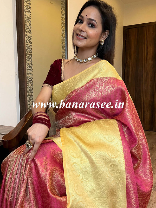Banarasee Kora Muslin Saree With Floral Tanchoi Design & Skirt Border-Pink & Yellow