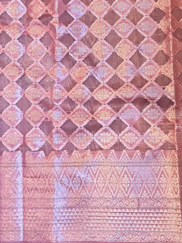 Banarasee Handwoven Semi-Chiffon Saree With Leaf Buta Design & Floral Border-Pink