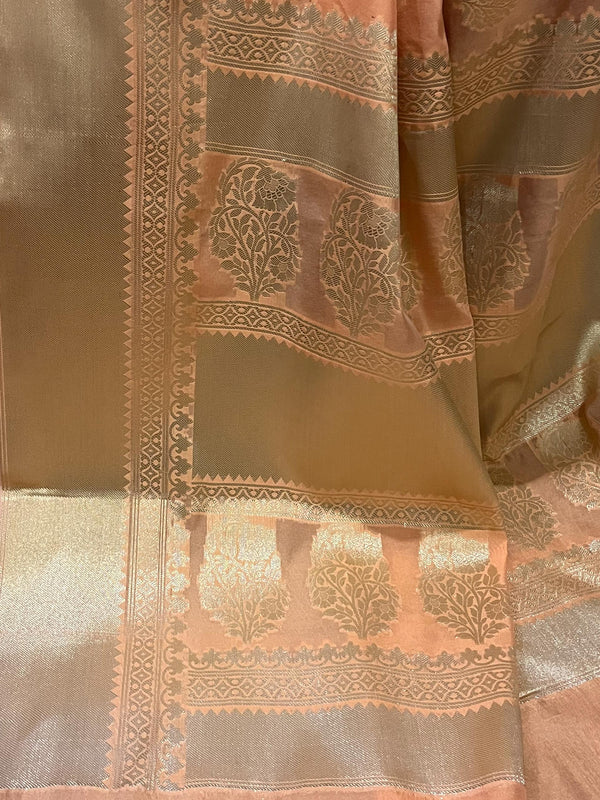 Banarasee Handwoven Semi Silk Saree With Zari Buti & Border-Peach