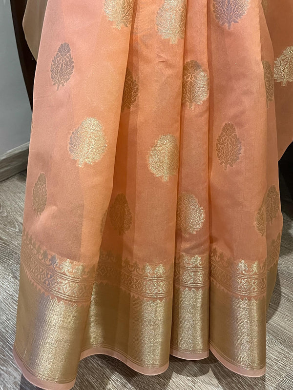 Banarasee Handwoven Semi Silk Saree With Zari Buti & Border-Peach
