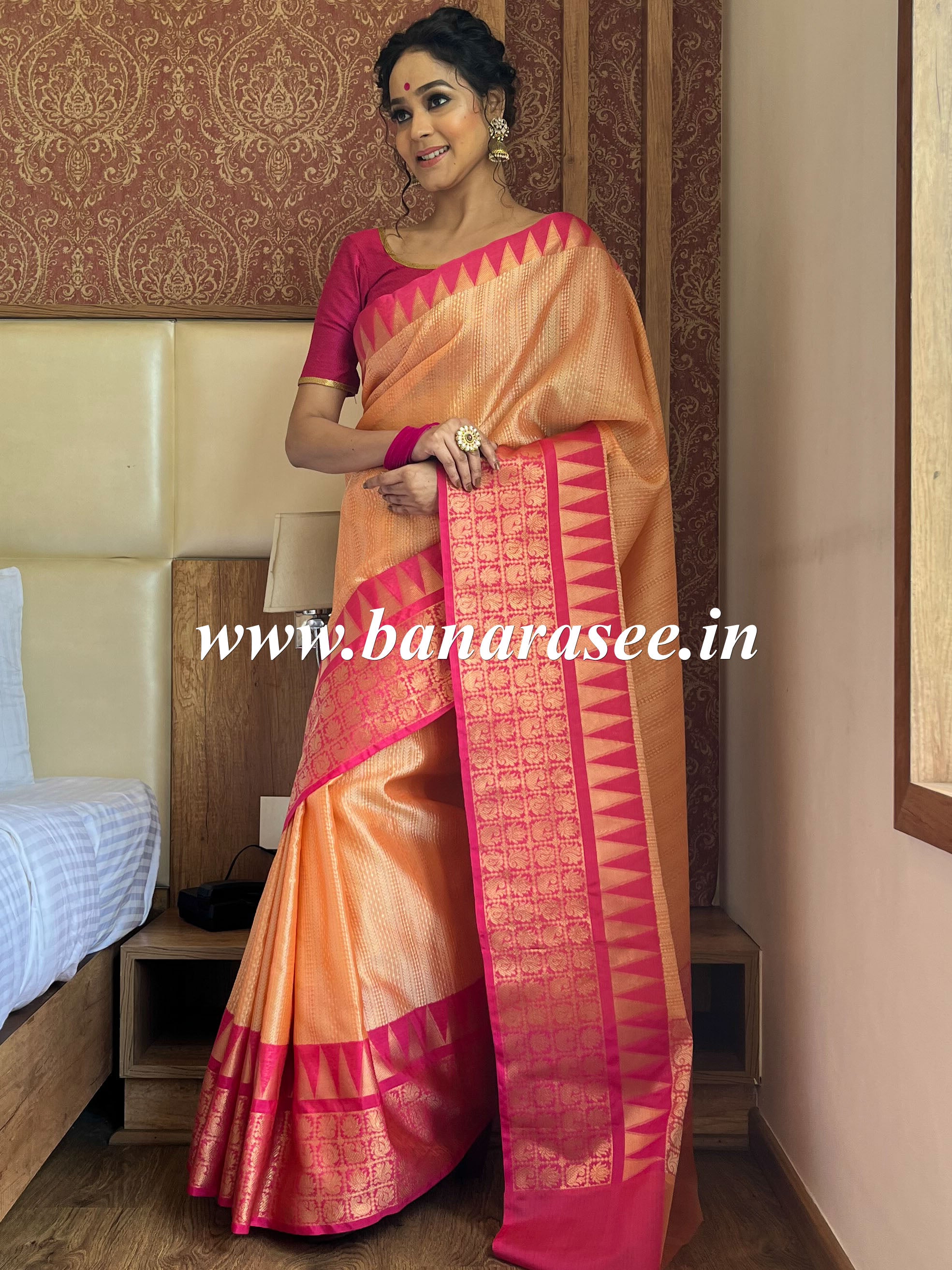 Banarasee Kora Muslin Saree With Buta Design & Temple Border-Peach