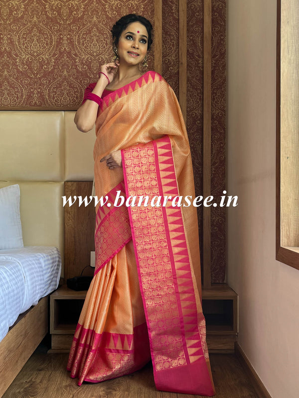 Banarasee Kora Muslin Saree With Buta Design & Temple Border-Peach