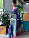 Banarasee Handwoven Semi Silk Saree With Digital Print & Broad Zari Border-Blue