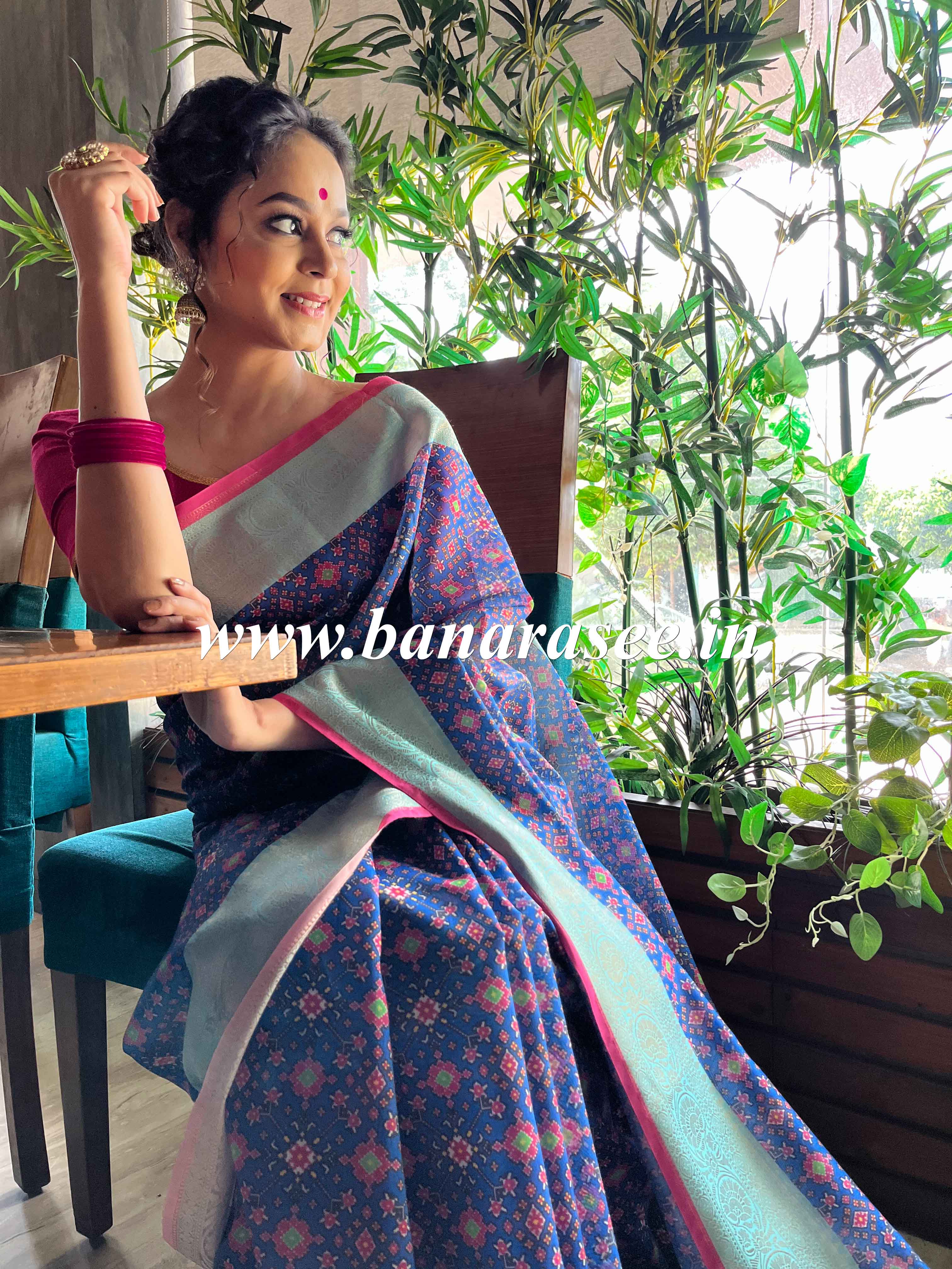 Banarasee Handwoven Semi Silk Saree With Digital Print & Broad Zari Border-Blue