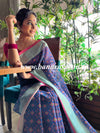 Banarasee Handwoven Semi Silk Saree With Digital Print & Broad Zari Border-Blue