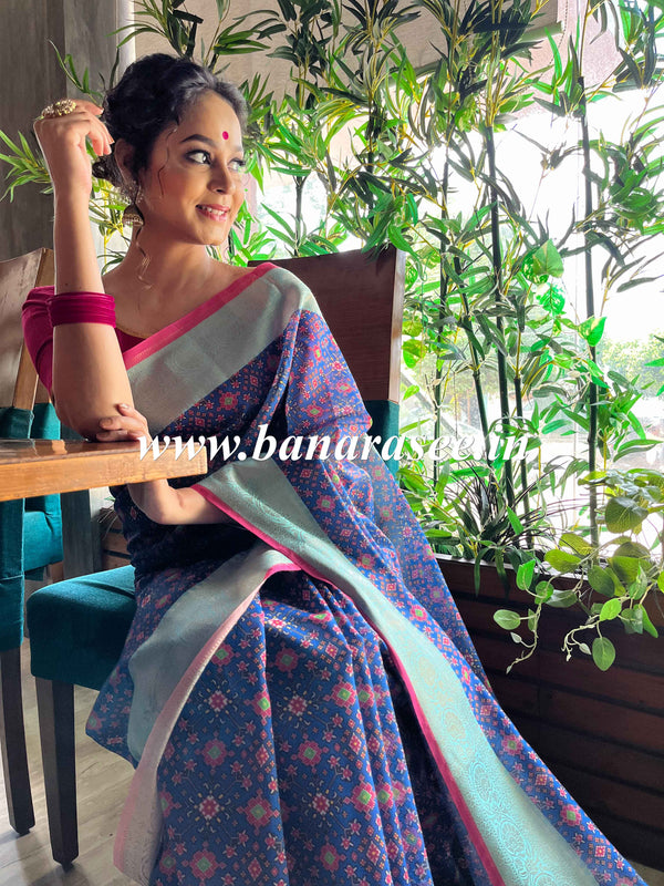 Banarasee Handwoven Semi Silk Saree With Digital Print & Broad Zari Border-Blue