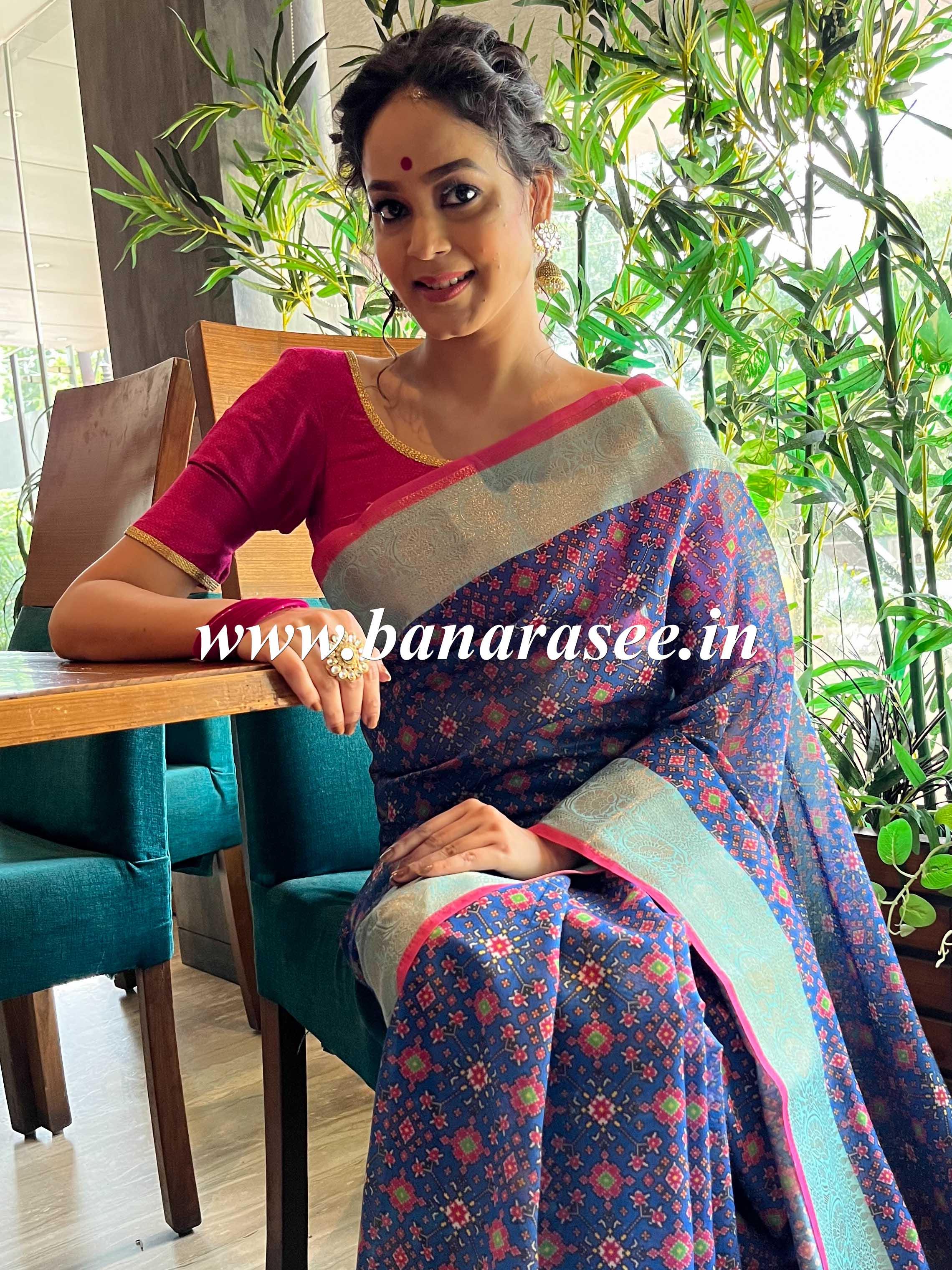 Banarasee Handwoven Semi Silk Saree With Digital Print & Broad Zari Border-Blue