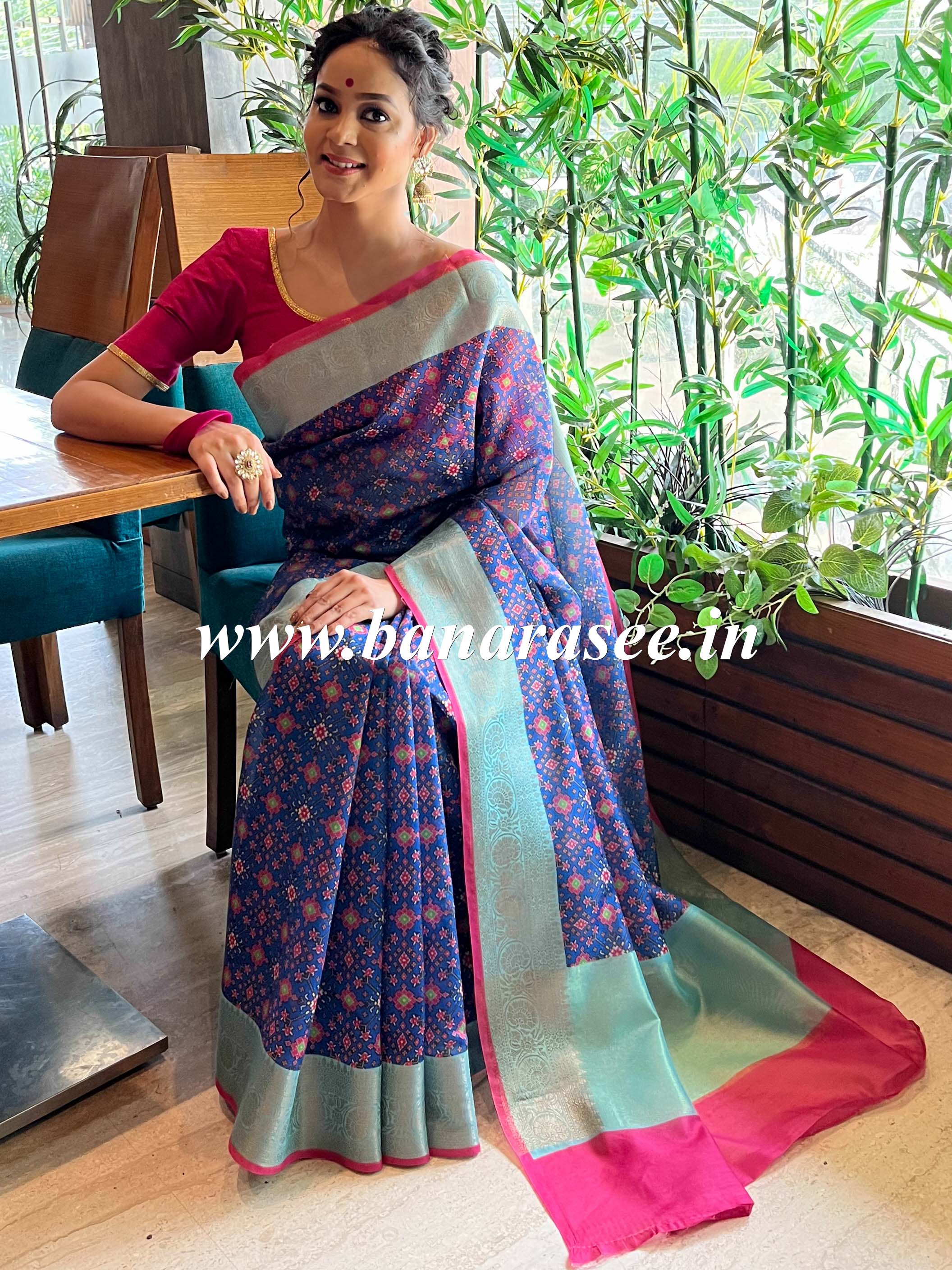 Banarasee Handwoven Semi Silk Saree With Digital Print & Broad Zari Border-Blue